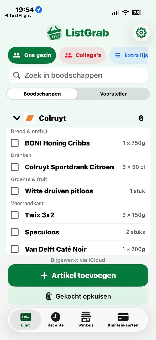 ListGrab boodschappenlijst, gegroepeerd per winkel en categorie