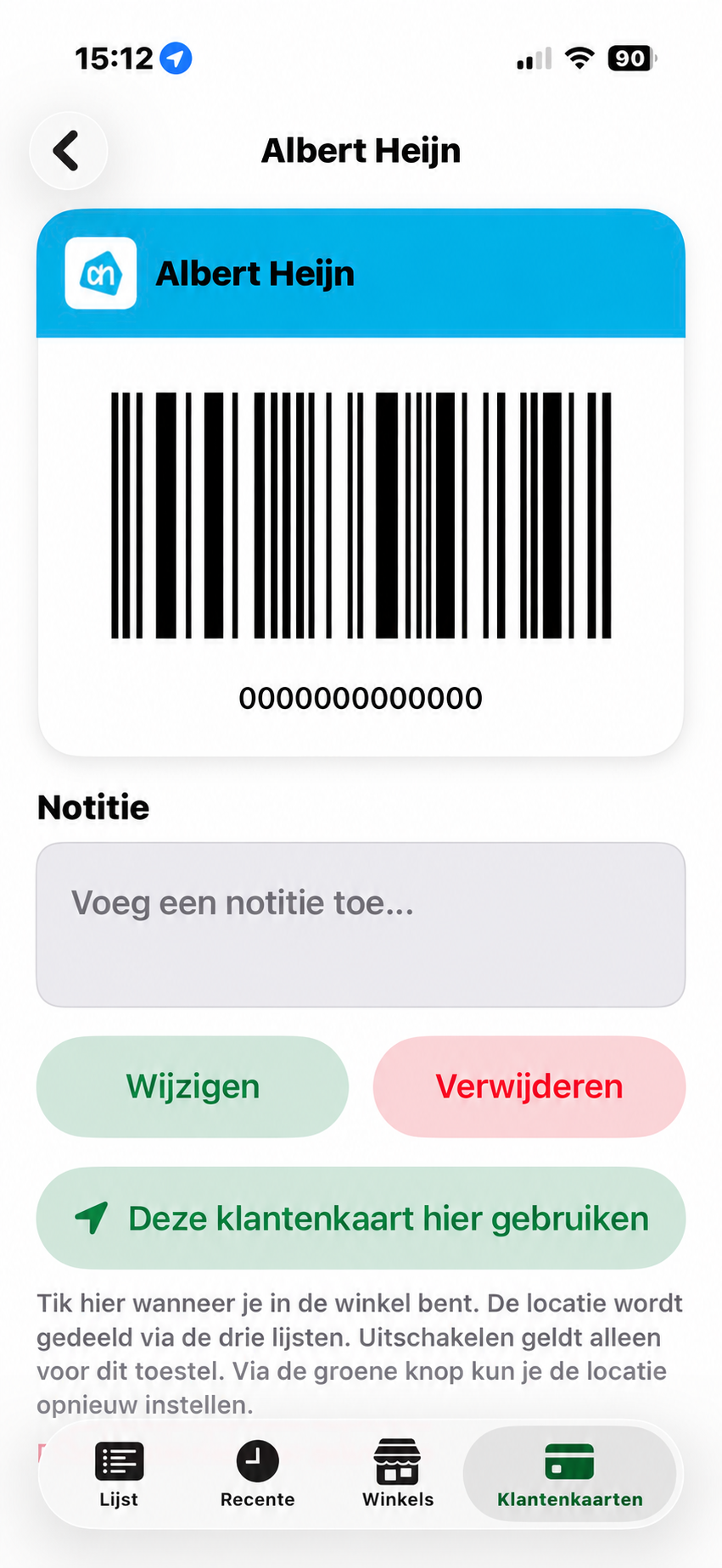 Voorbeeld van een Albert Heijn-klantenkaart met een fictieve barcode