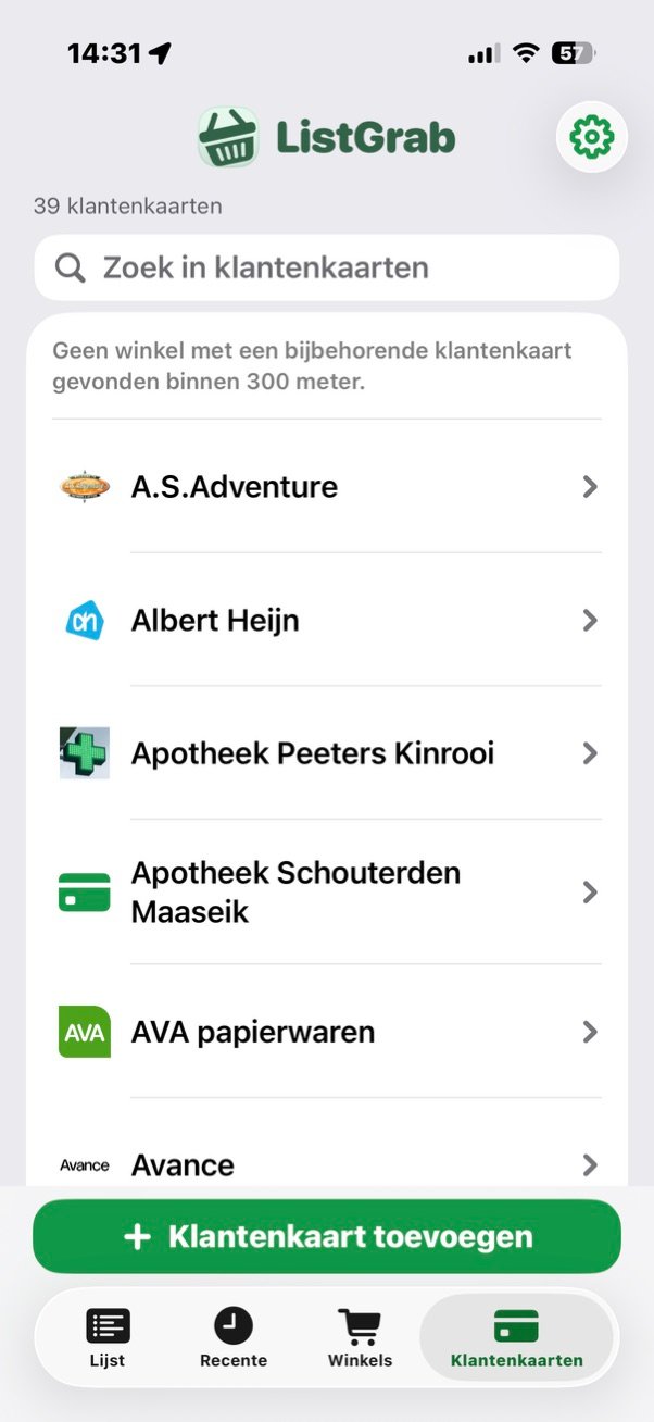 Overzicht van klantenkaarten in ListGrab
